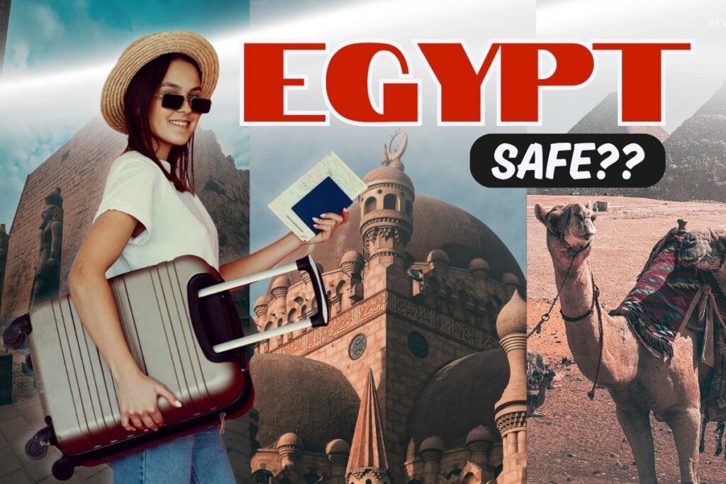 Travel collage: smiling woman with a suitcase and hat, Egyptian landmarks in the background, and the bold headline 'EGYPT SAFE??'