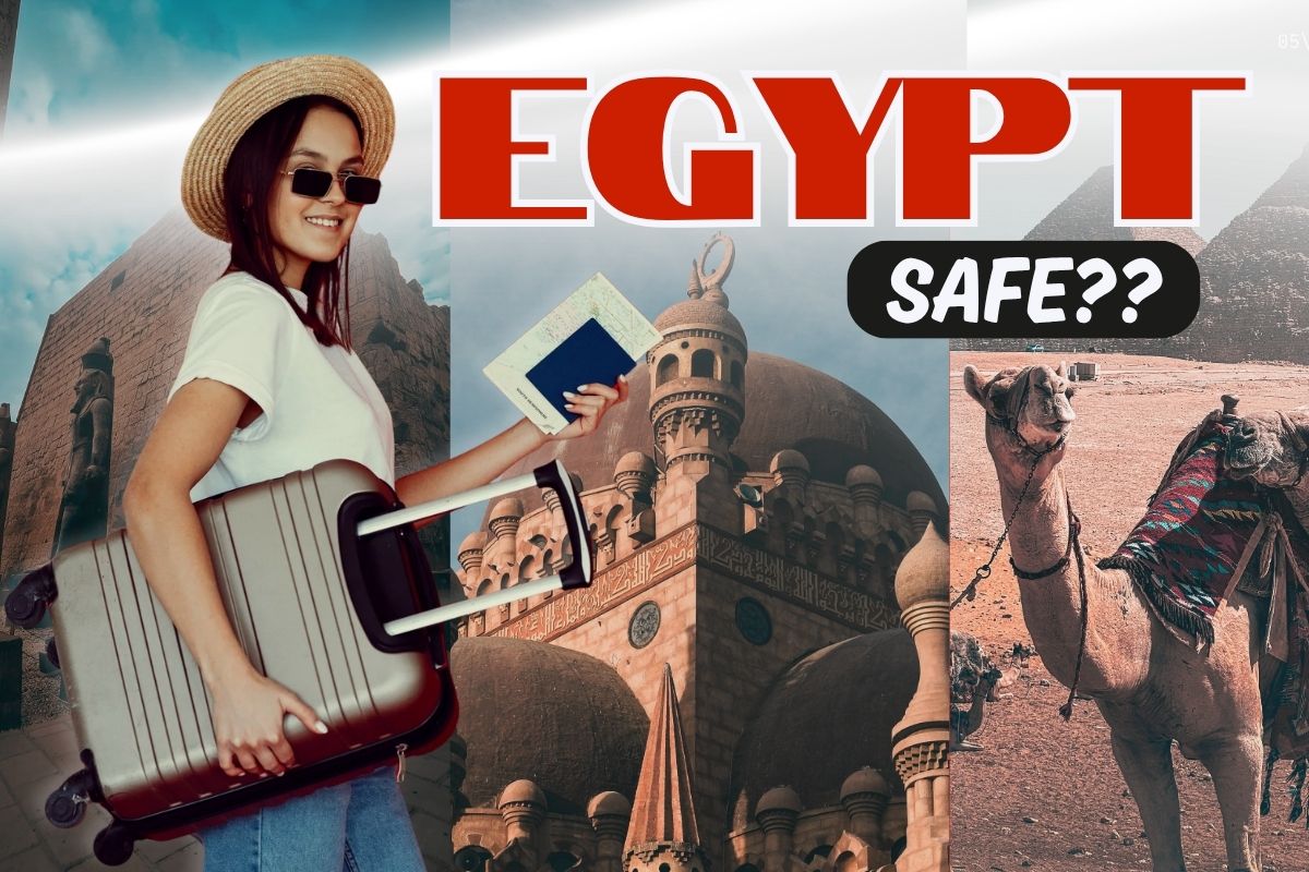 Travel collage: smiling woman with a suitcase and hat, Egyptian landmarks in the background, and the bold headline 'EGYPT SAFE??'